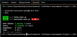 A terminal in VS Code after npm test in splitroof-assistant-spike, with tools.test.js and assistant.test.js passing, 17 tests in total
