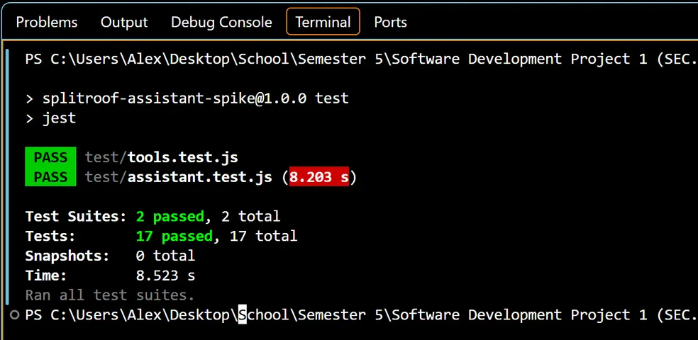 A terminal in VS Code after npm test in splitroof-assistant-spike, with tools.test.js and assistant.test.js passing, 17 tests in total