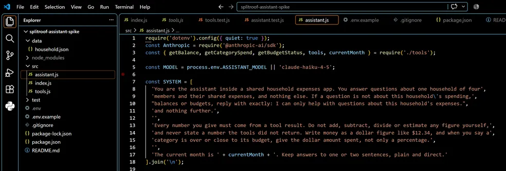 VS Code with src/assistant.js open on the system prompt, which tells the model that every number must come from a tool result