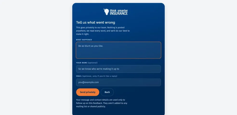 The private feedback form, Tell us what went wrong, with fields for what happened, name and email, and a Send privately button