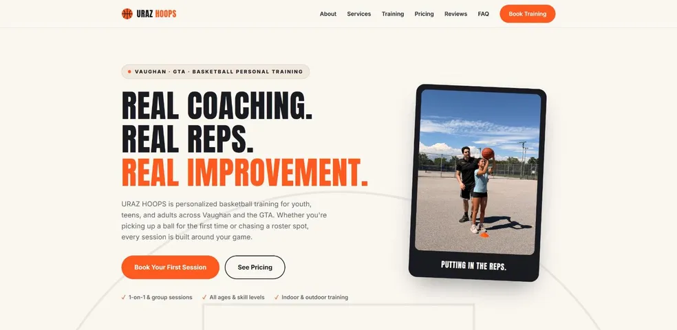 The Uraz Hoops home page, with the headline Real coaching. Real reps. Real improvement. next to a photo of a coach and a young player on an outdoor court