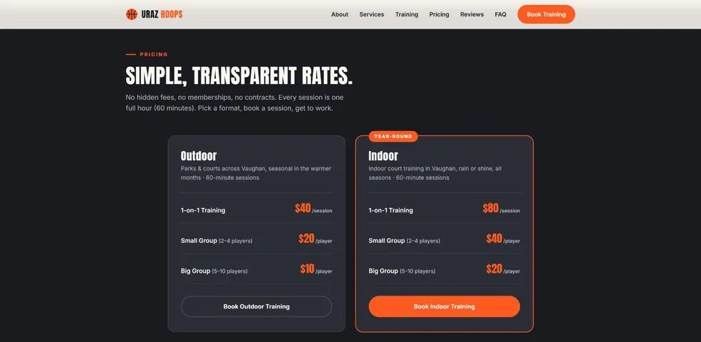 The pricing section, two columns for outdoor and indoor training listing one-on-one, small group and big group rates