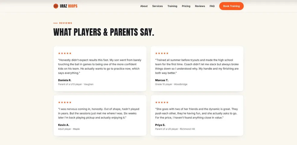 The reviews section, four five-star reviews from players and parents in white cards
