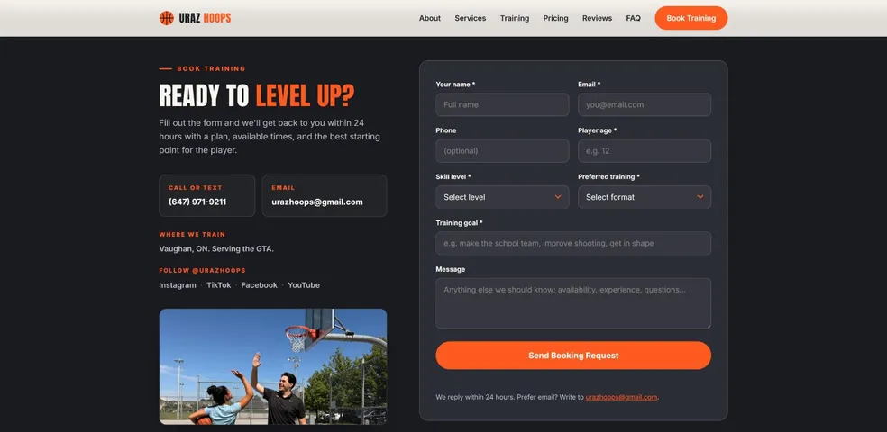 The booking section, phone and email contacts on the left and a Send Booking Request form on the right